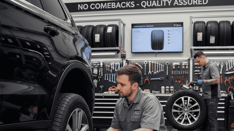 Mechanic inspecting a tyre in a workshop, checking valve, bead, torque, and tyre specifications — illustrating why tyres come back and how to avoid customer comebacks.