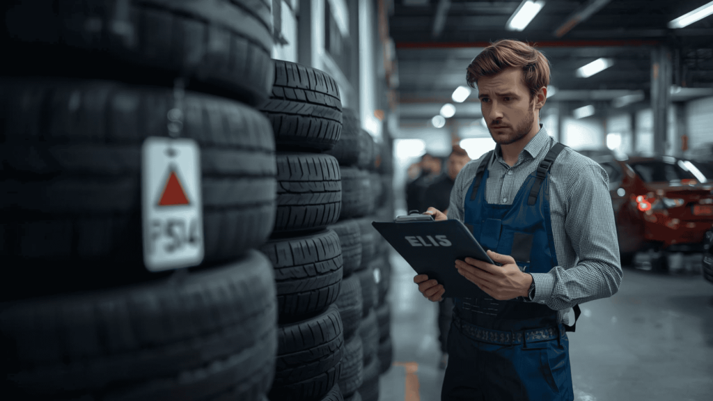 Tyre shop owner reviewing tyre prices in a busy garage, showing signs of underpricing and low profit despite high workload