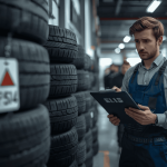 Tyre shop owner reviewing tyre prices in a busy garage, showing signs of underpricing and low profit despite high workload