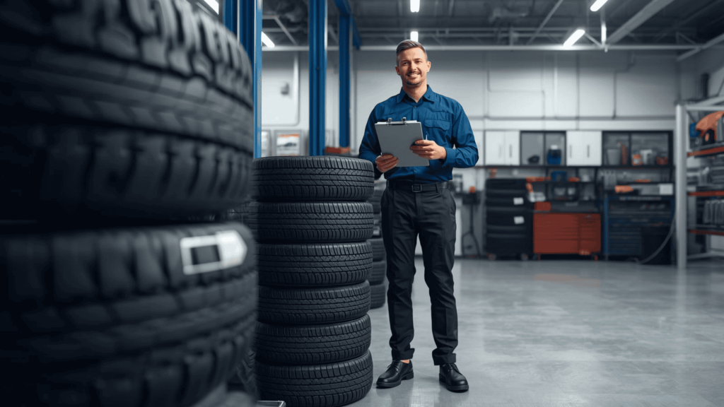 Tyre fitter in a professional garage setting trade tyre prices to maintain profit margins