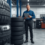 Tyre fitter in a professional garage setting trade tyre prices to maintain profit margins