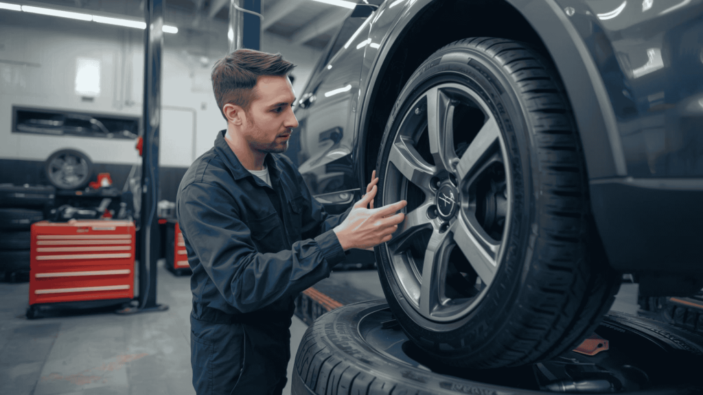 Tyre repairs decision showing a garage mechanic inspecting a punctured car tyre and explaining free versus paid repair options to a customer
