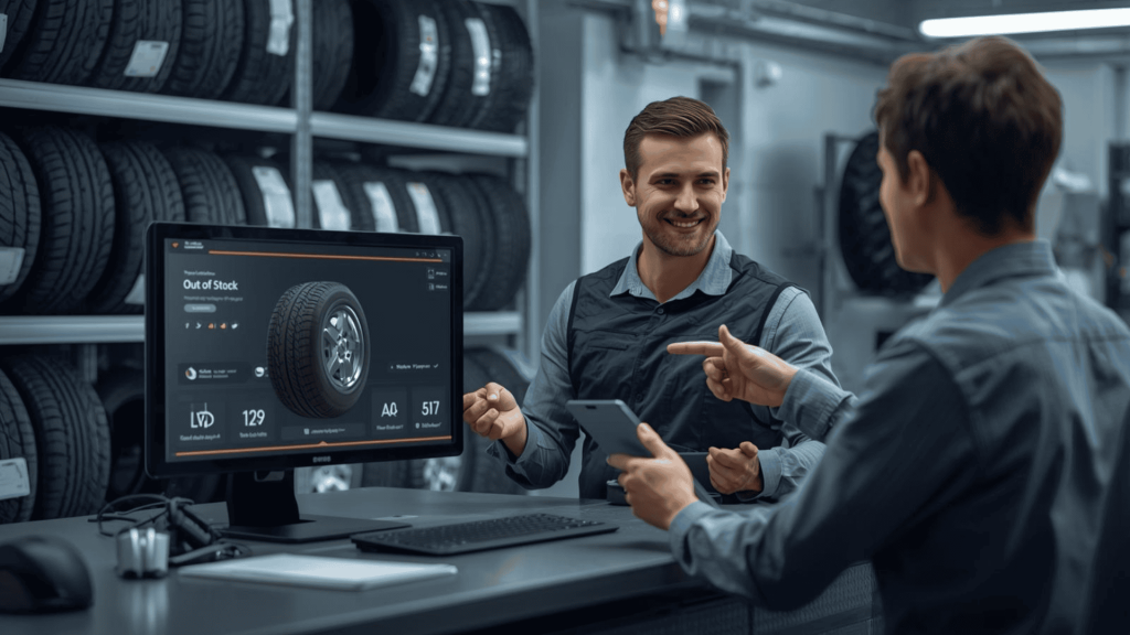 Service advisor offering tyre alternatives to a customer after finding their tyre size out of stock, representing tyre sales tips.