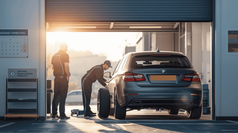 Modern tyre garage offering weekend tyre fitting with a mechanic working on a car on a Saturday morning.