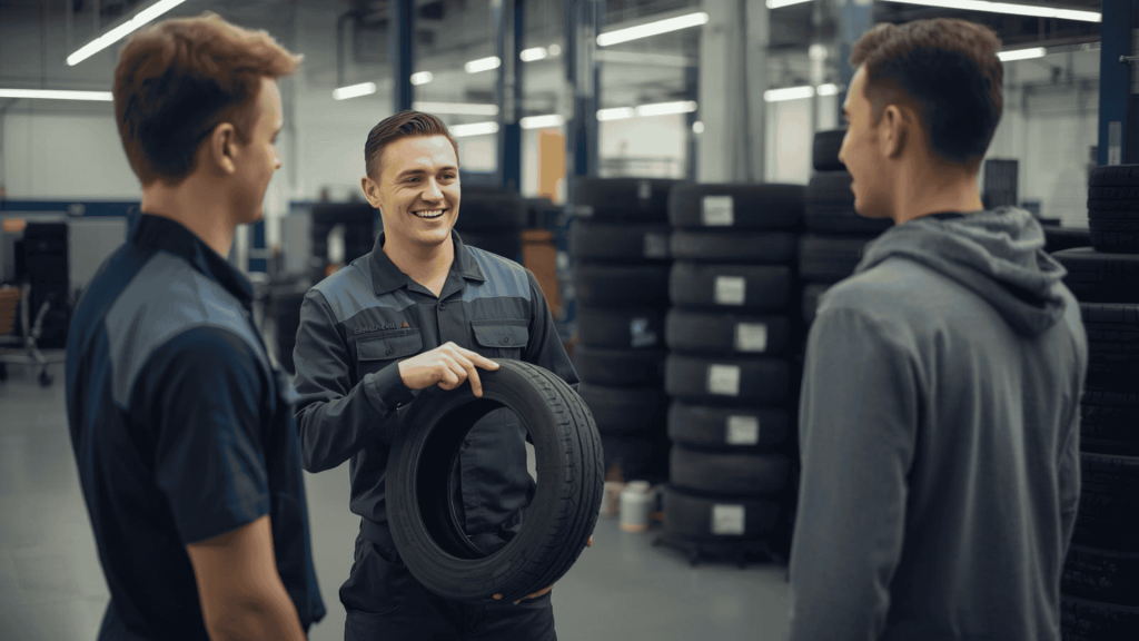 Tyre technician explaining worn tyres to tyre customers to build trust and confidence
