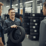 Tyre technician explaining worn tyres to tyre customers to build trust and confidence