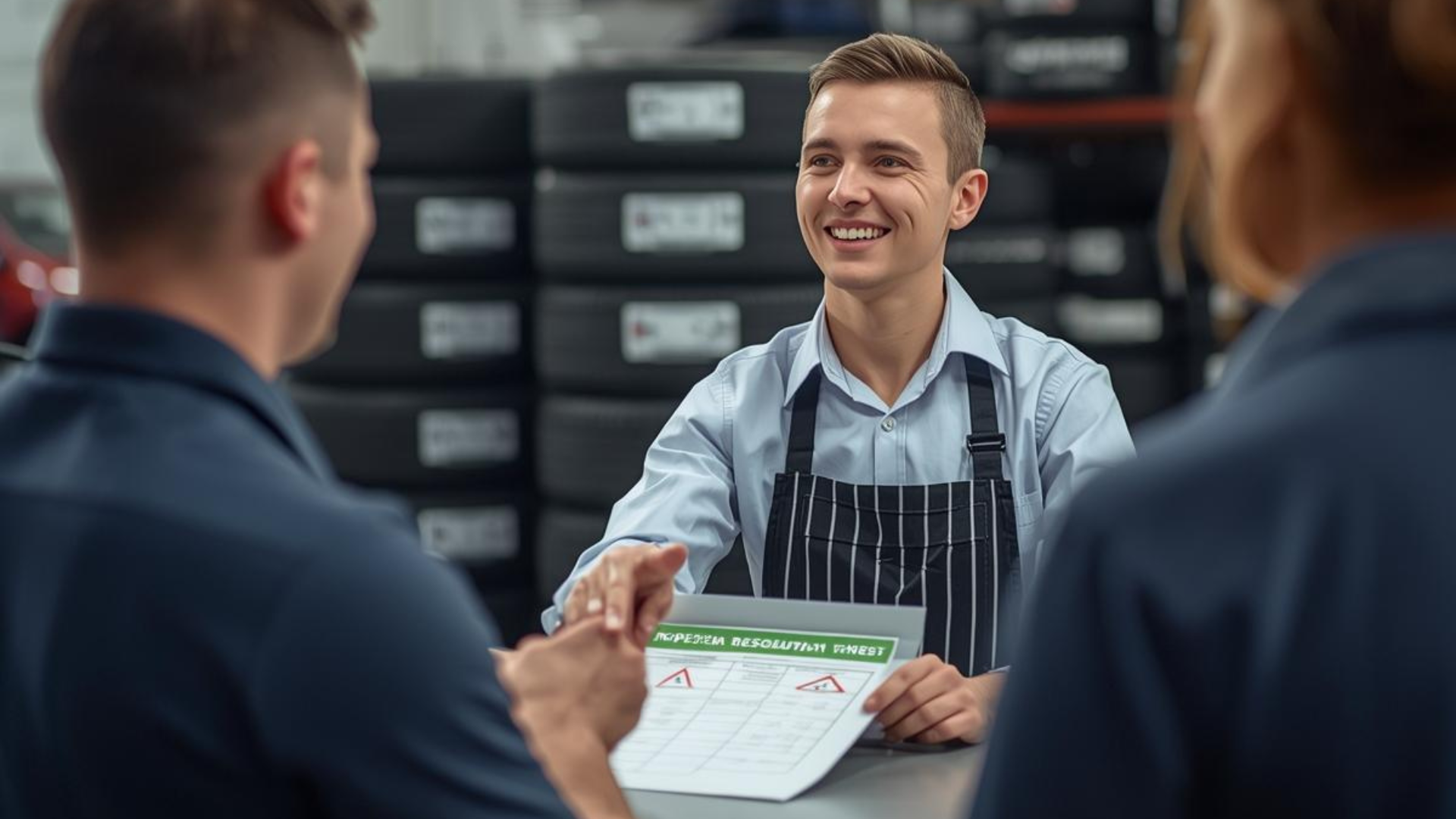 Tyre shop staff calmly handling a customer complaint and resolving a refund or return professionally