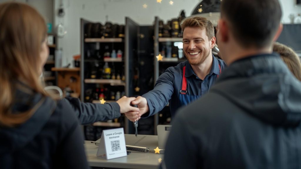 Smiling customer at a local UK tyre shop after service, with Google review stars and a QR code for leaving a review