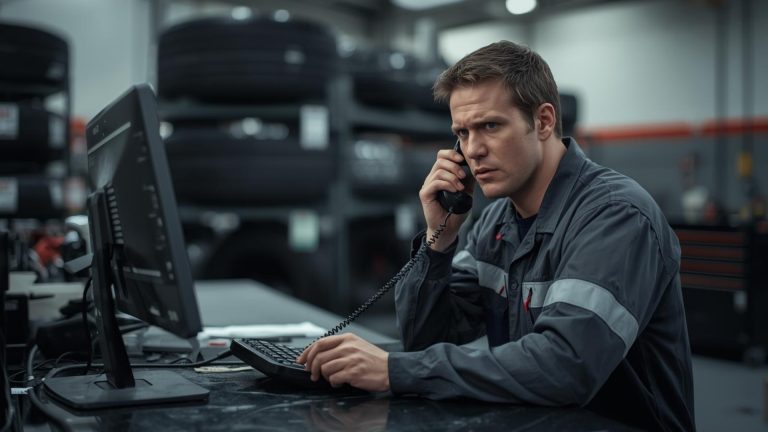 Tyre customer calling a professional tyre garage while a mechanic discusses pricing and service options