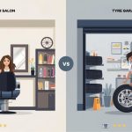 Illustration comparing tyre garages and hair salons, showing how tyre garages can improve customer experience, loyalty, and trust