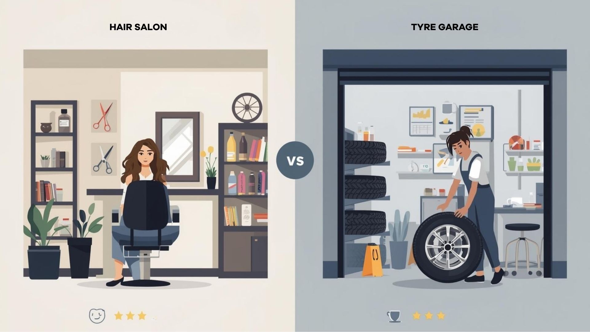 Illustration comparing tyre garages and hair salons, showing how tyre garages can improve customer experience, loyalty, and trust
