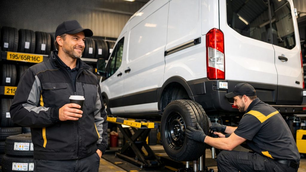 Tyre shop fitting commercial van tyres to attract van drivers with same-day service and popular tyre sizes in stock