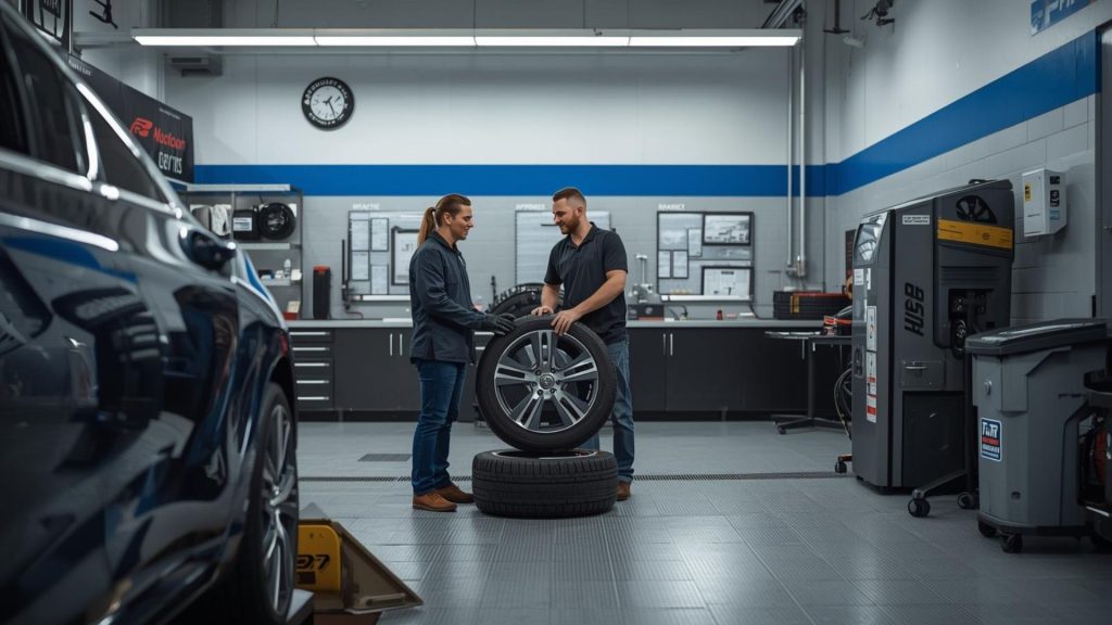 A professional garage showing tyre fitting, balancing, and valve replacement, illustrating how to compete with free tyre fitting offers.