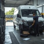 Delivery drivers van receiving new tyre fitting at local garage workshop