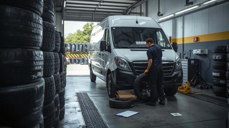 Delivery drivers van receiving new tyre fitting at local garage workshop