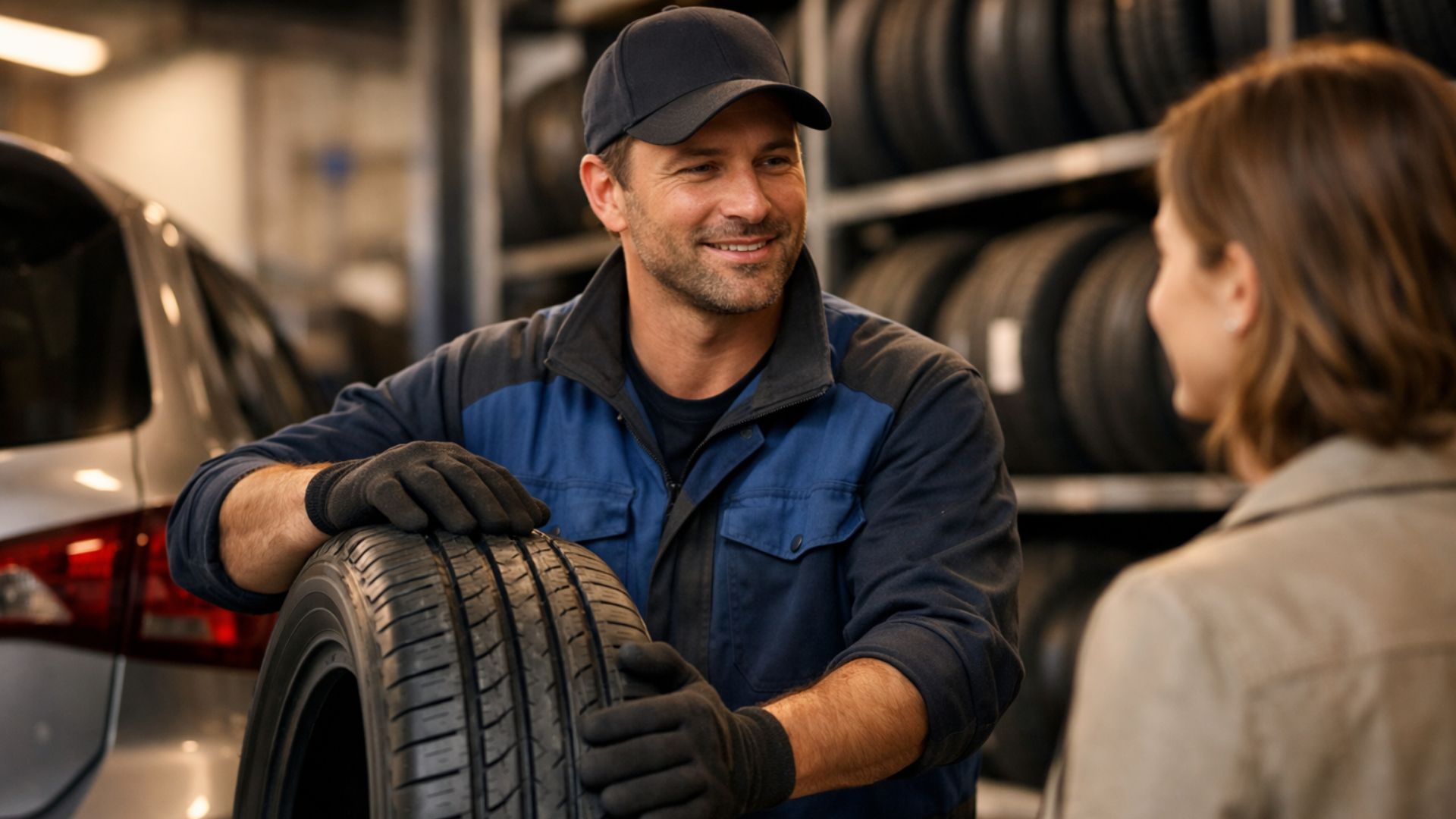 Mechanic reassuring a customer about tyre delays while holding a tyre inside a modern professional garage