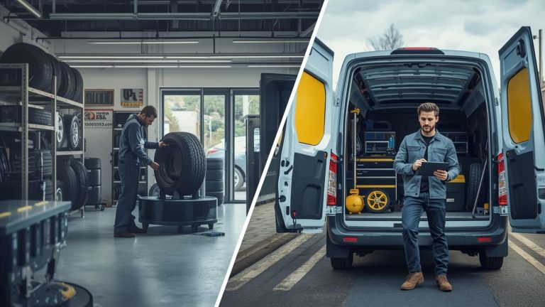 Entrepreneur setting up a garage and mobile van business to open a tyre shop with tyre racks, fitting equipment, and professional tools.