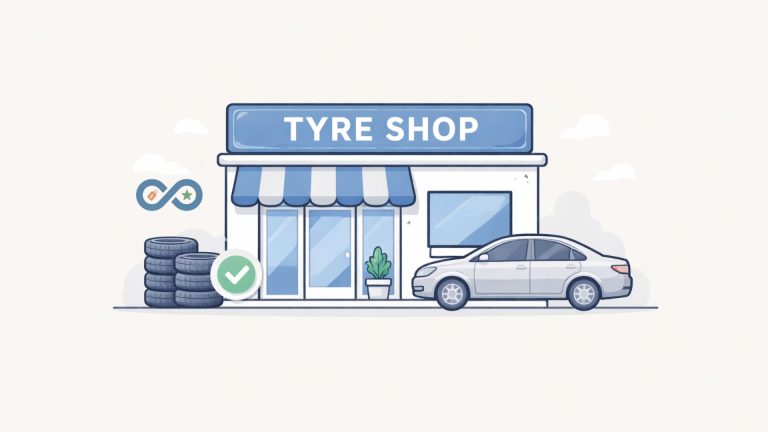 Minimal illustration of a local tyre shop with a car and tyre stack, representing customer loyalty beyond price