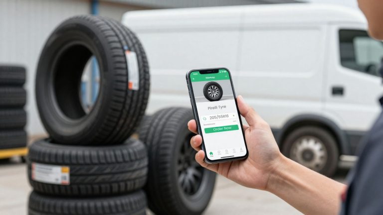 Tyre business owner using a smartphone to sell tyres using phone without a website