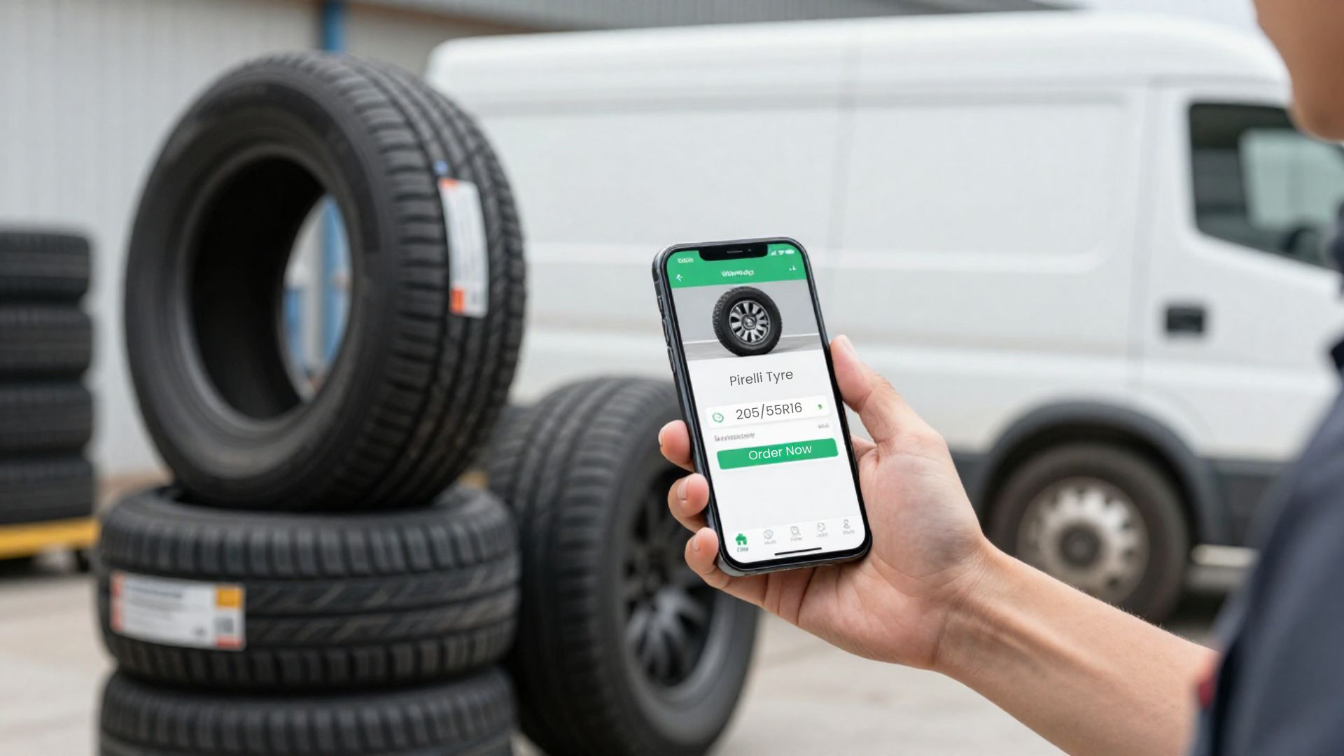 Tyre business owner using a smartphone to sell tyres using phone without a website