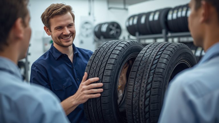 Technician helping customer choose to sell more premium tyres by explaining benefits and options