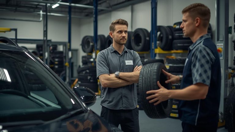 Tyre customer standing in a tyre shop garage thinking about tyre options while speaking with a technician beside a car