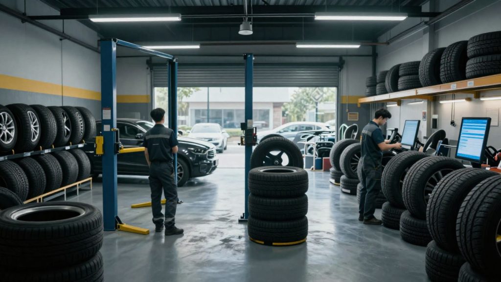 Comparison between an empty tyre shop relying on walk-ins and a busy shop with scheduled bookings, highlighting the importance of predictable work for tyre businesses.