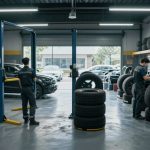 Comparison between an empty tyre shop relying on walk-ins and a busy shop with scheduled bookings, highlighting the importance of predictable work for tyre businesses.