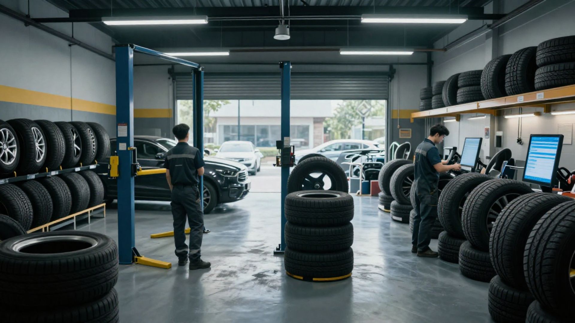 Comparison between an empty tyre shop relying on walk-ins and a busy shop with scheduled bookings, highlighting the importance of predictable work for tyre businesses.