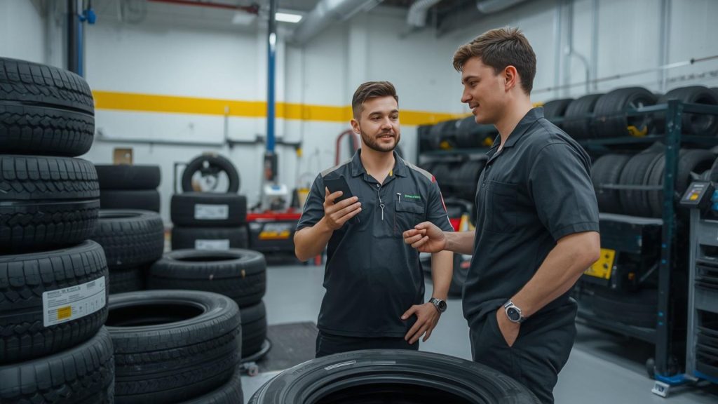 Tyre shop technician explaining tyre value to a customer comparing cheaper online tyre prices on a smartphone inside a garage.