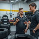Tyre shop technician explaining tyre value to a customer comparing cheaper online tyre prices on a smartphone inside a garage.