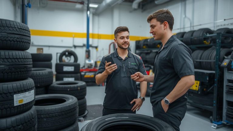 Tyre shop technician explaining tyre value to a customer comparing cheaper online tyre prices on a smartphone inside a garage.