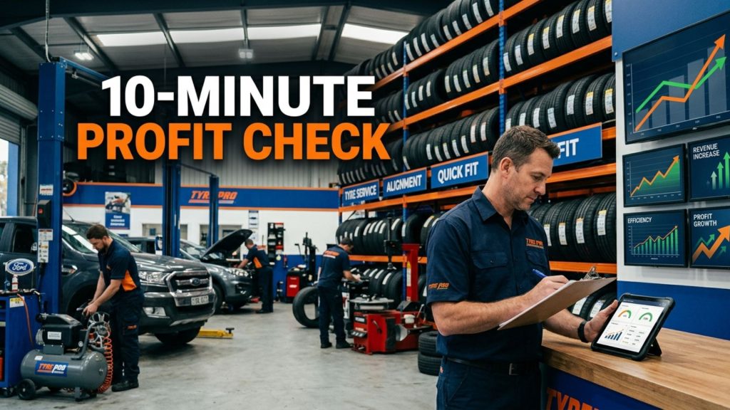 Tyre shop owner reviewing daily checklist in workshop to improve sales and profit
