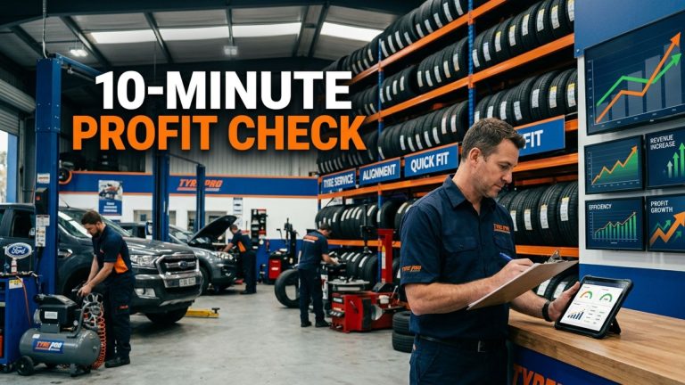 Tyre shop owner reviewing daily checklist in workshop to improve sales and profit