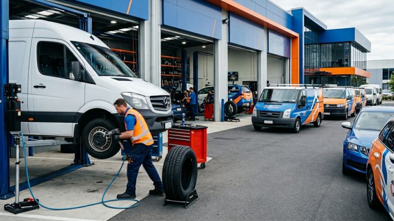 Fleet vehicles being serviced at tyre shop showing efficient tyre fitting service
