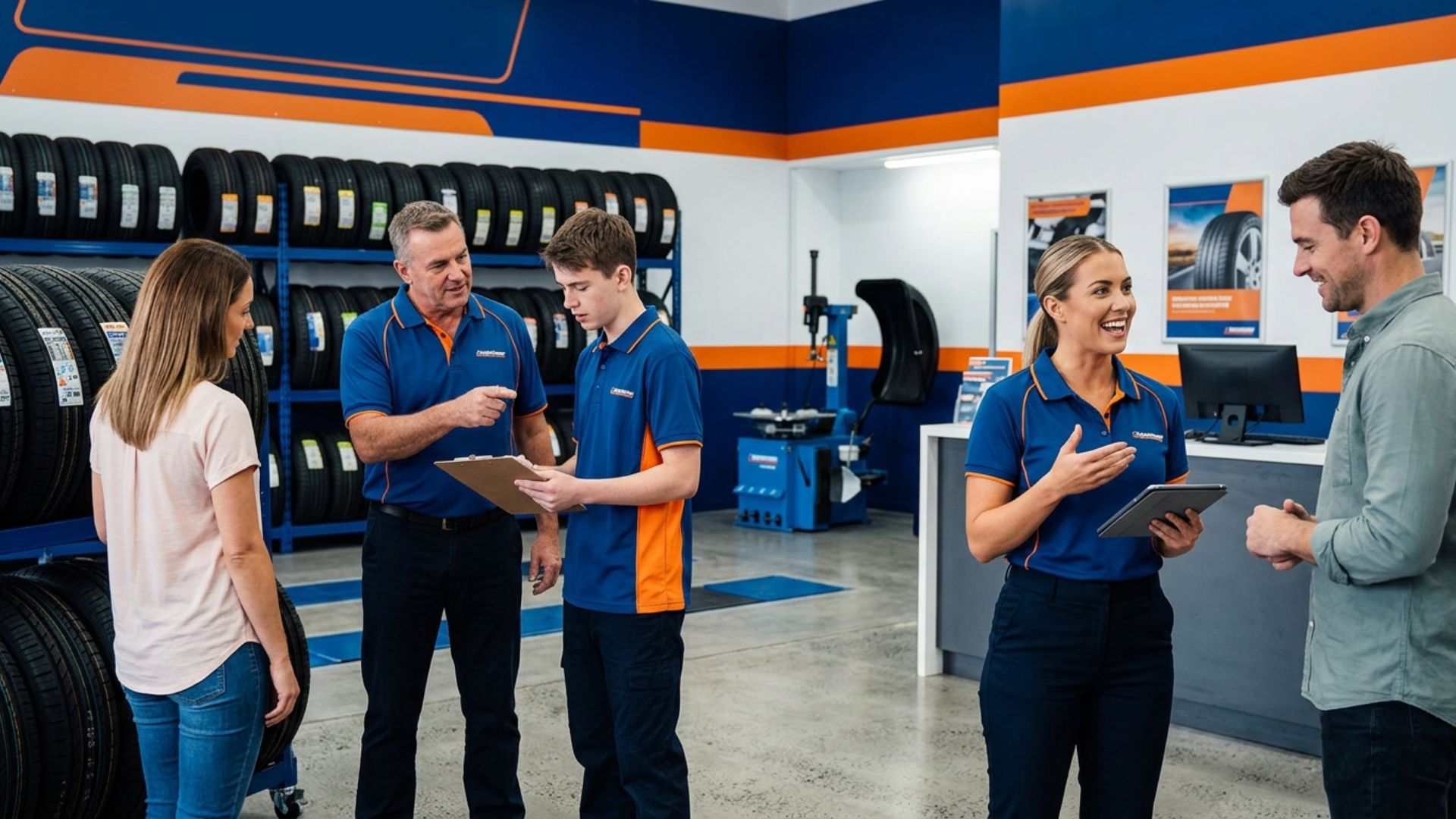Tyre shop staff being trained to confidently explain tyre options to customer