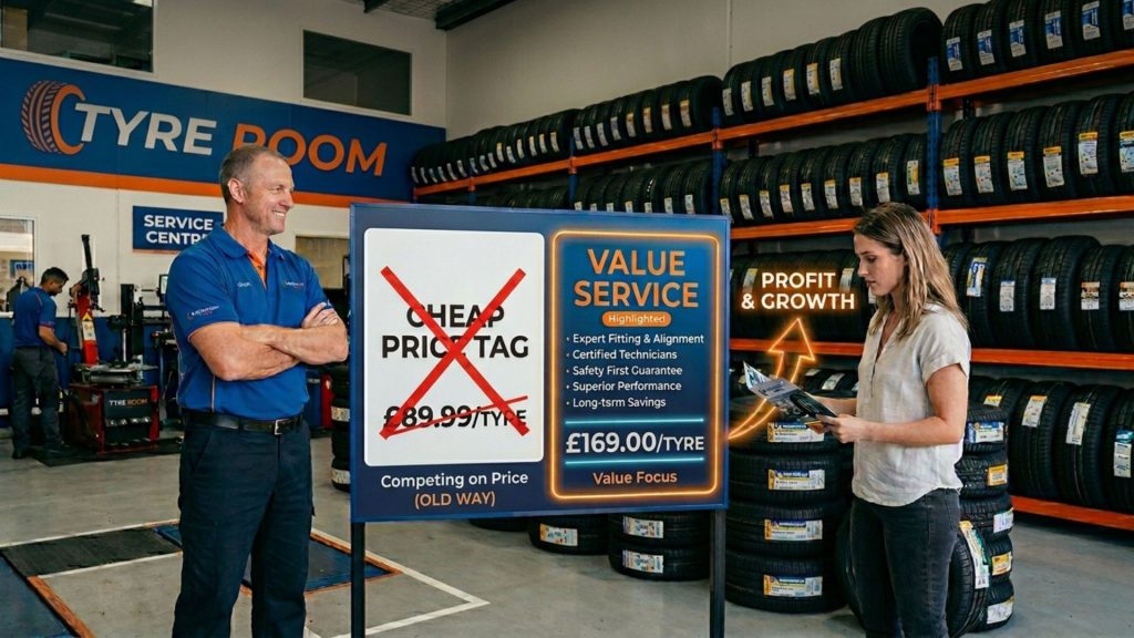 Tyre shop owner presenting tyre options to customer focusing on value instead of cheap pricing