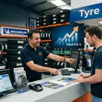 Tyre shop owner offering tyre options to customer to increase sales and profit