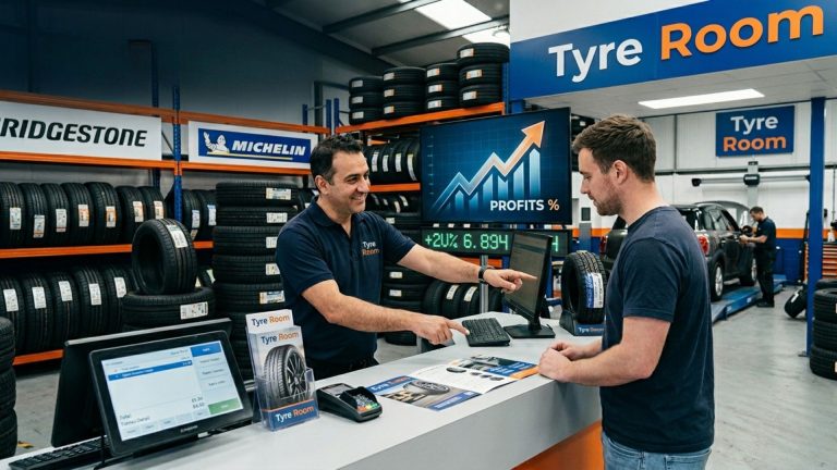 Tyre shop owner offering tyre options to customer to increase sales and profit