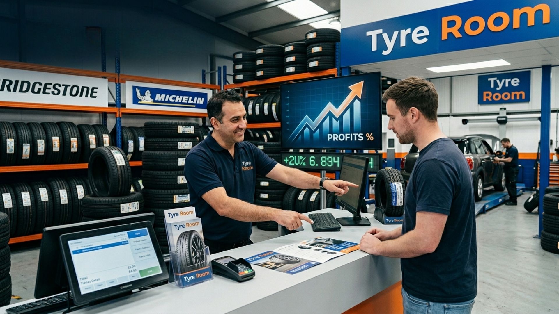Tyre shop owner offering tyre options to customer to increase sales and profit