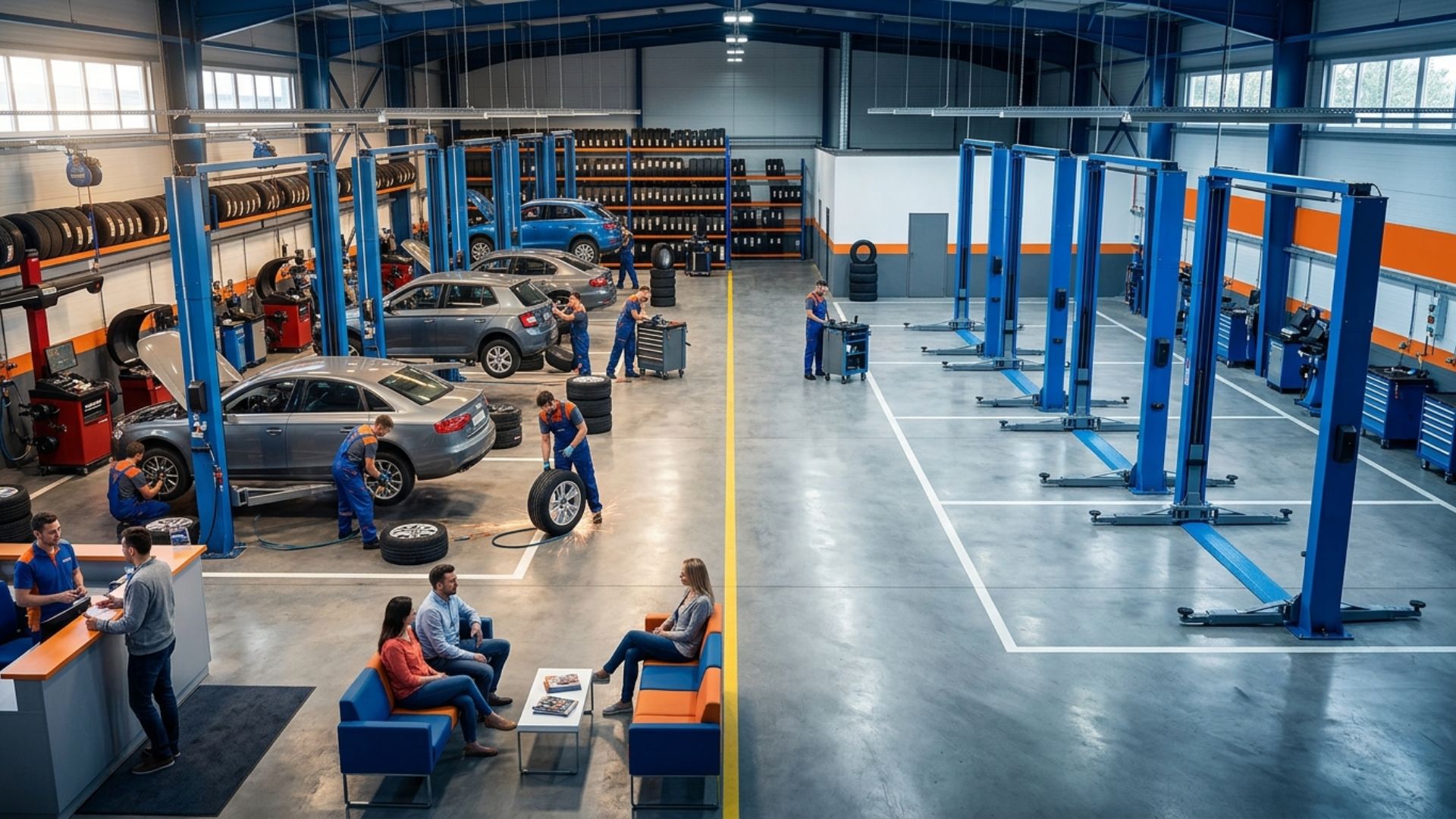 Busy tyre shop with multiple cars being serviced compared to empty garage