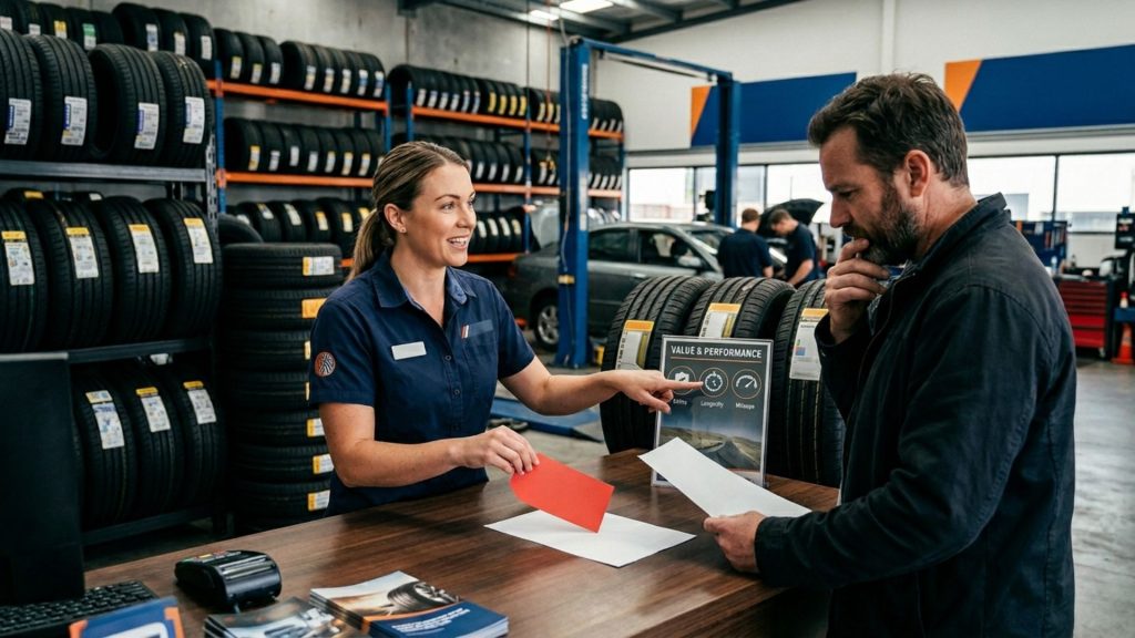 Tyre shop staff lowering price during customer interaction showing why tyre shops discount too quickly