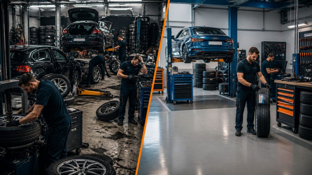 Comparison between busy tyre shop and organised profitable garage workflow