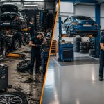 Comparison between busy tyre shop and organised profitable garage workflow