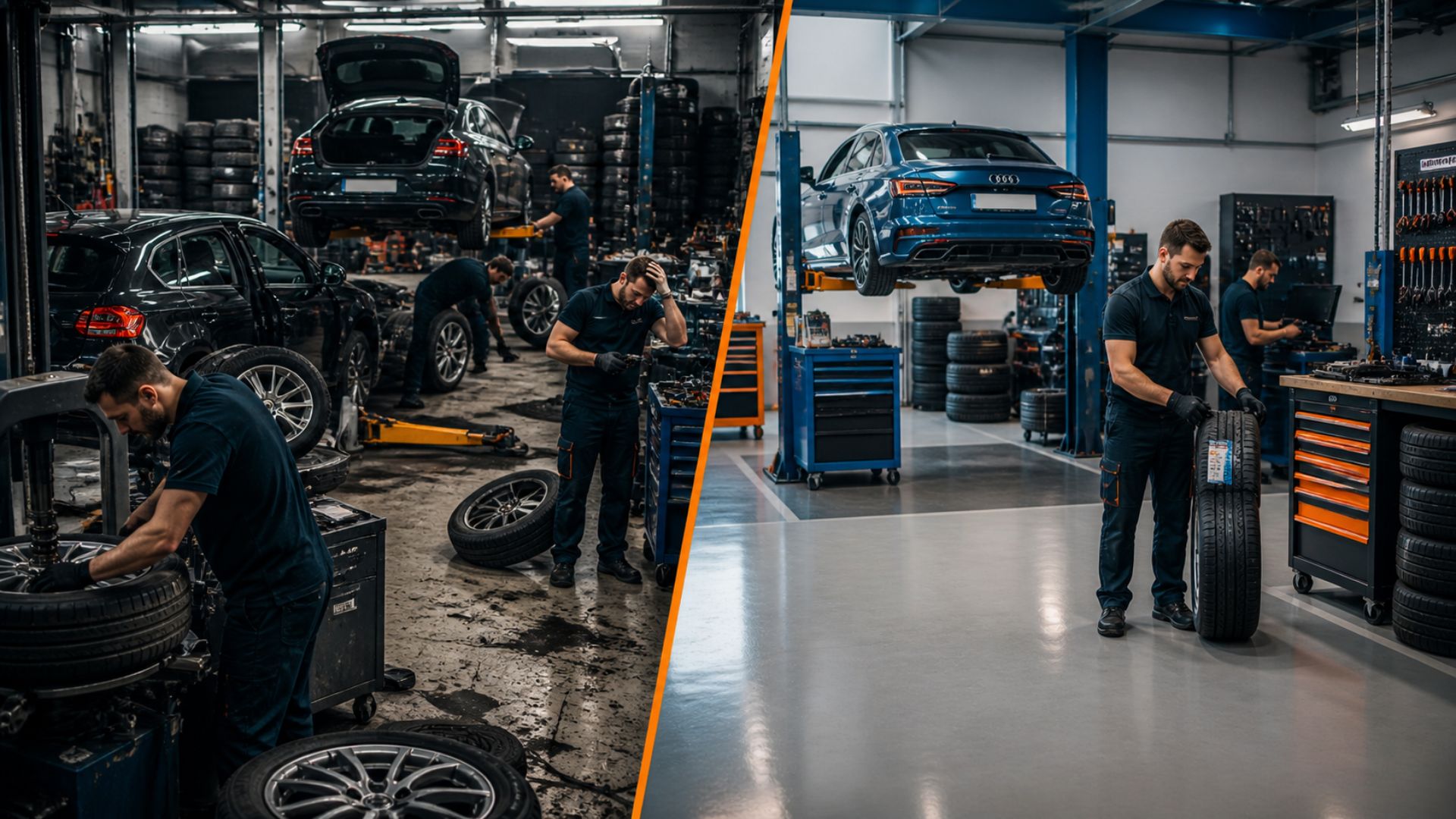 Comparison between busy tyre shop and organised profitable garage workflow
