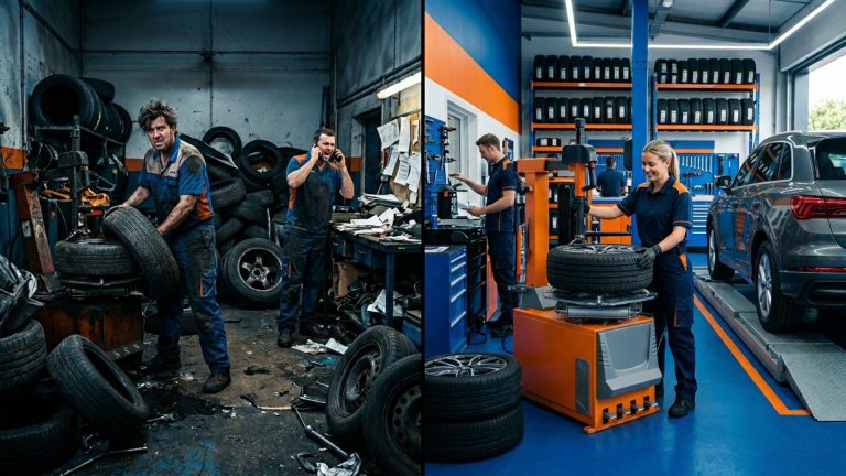 Tyre shop comparison showing business mistakes and organised profitable workflow