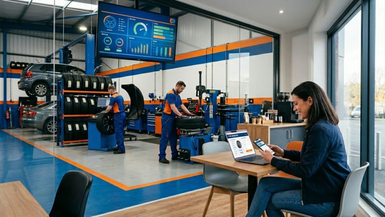 Customer booking tyres online while tyre shop operates efficiently in background