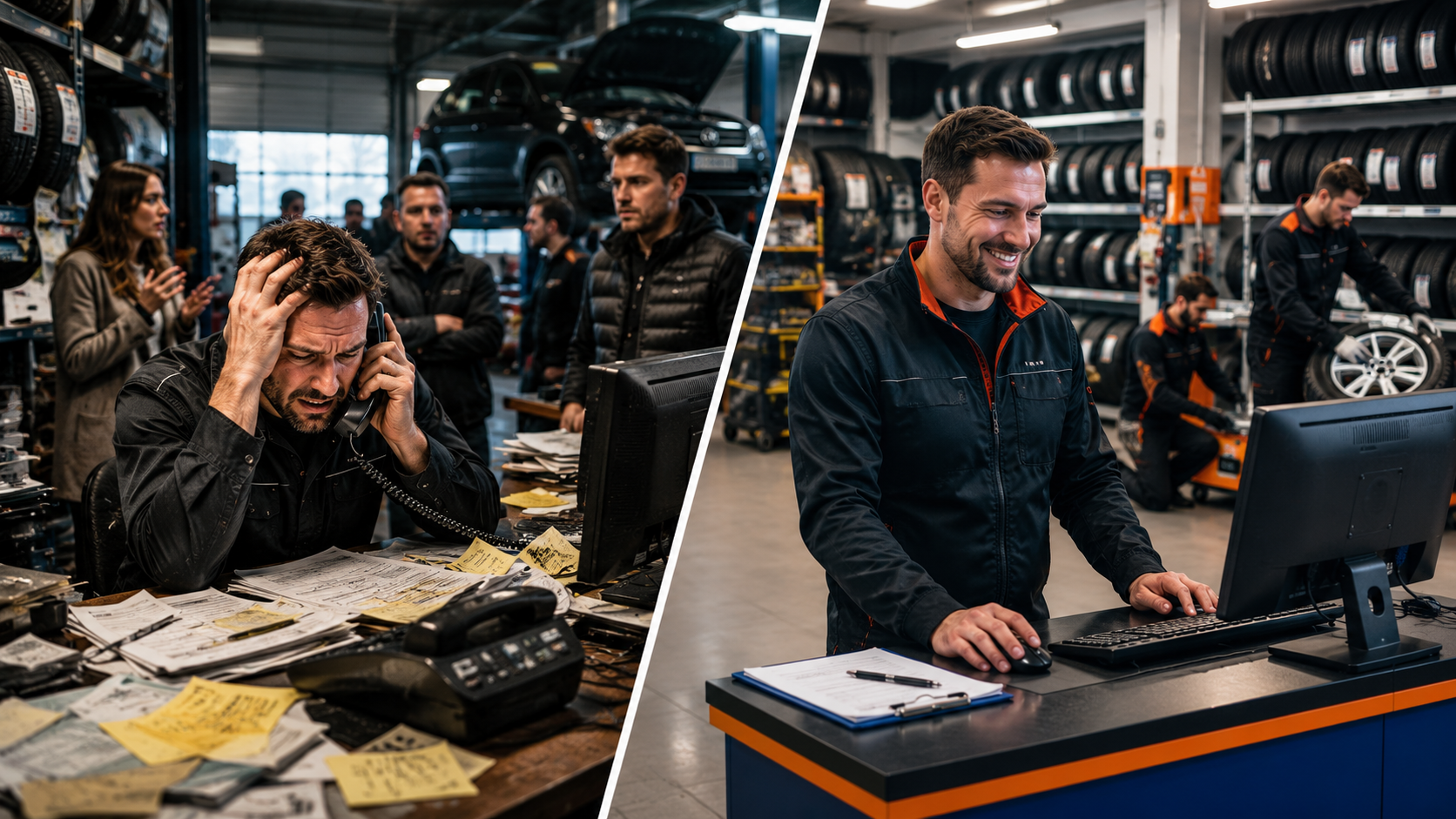 Comparison of stressed tyre shop owner versus organised tyre business workflow